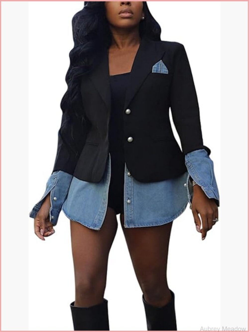 Long Sleeve Button Patchwork Denim Blazer Women Suit Jacket